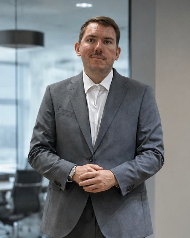 Porträt von Tobias Breinlinger im grauen Anzug, stehend in einem Büro.